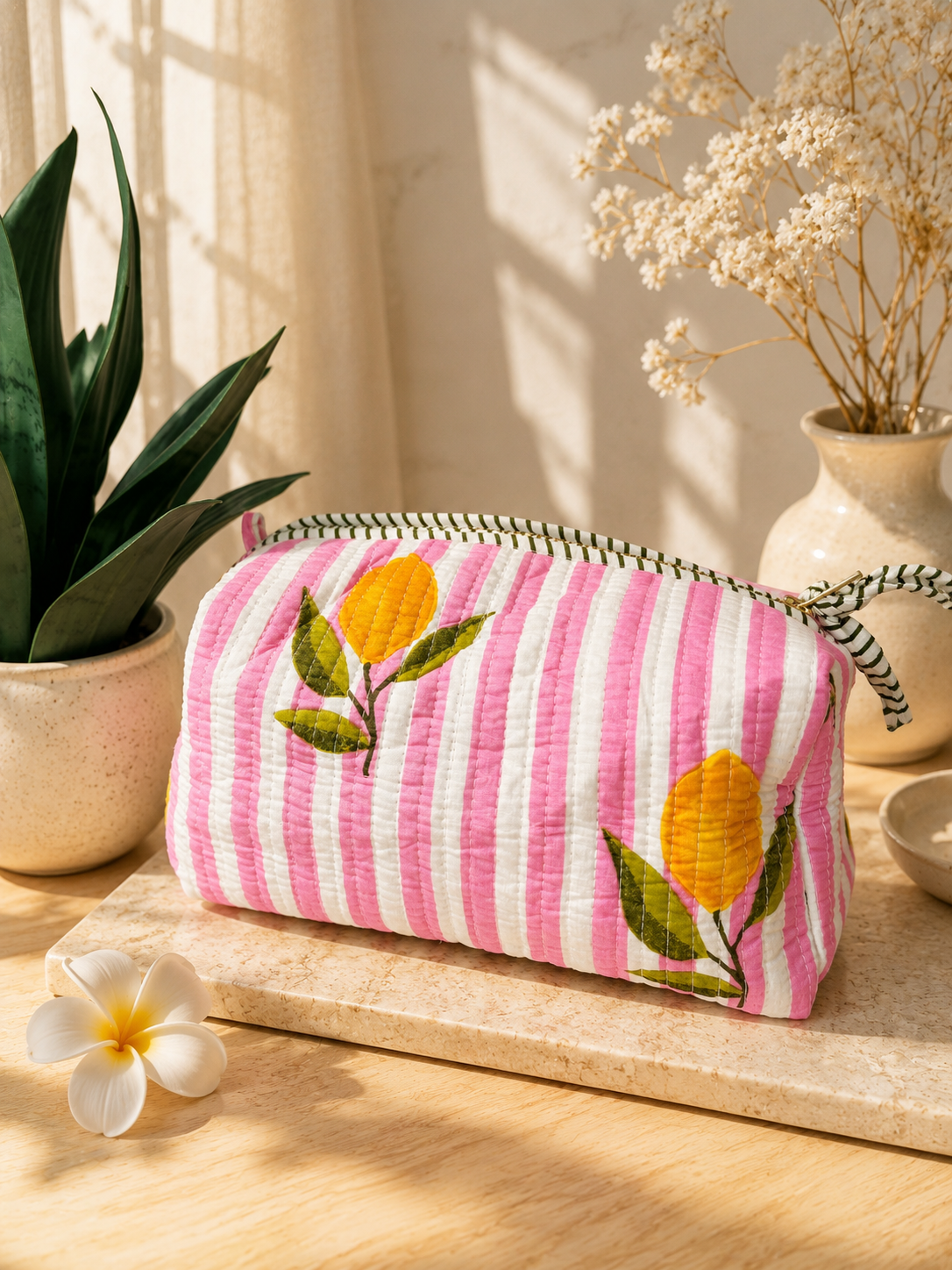Hand Block Printed Quilted Vanity Bag – Pink Citrus Bloom | Gulpankh Canada