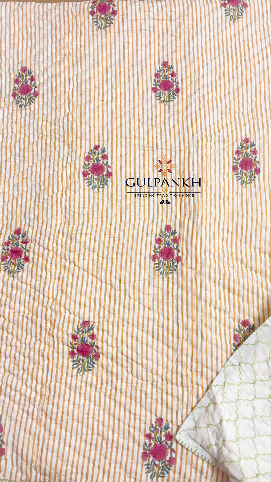 Hand Block Printed Reversible Cotton Twin Quilt - Saffron Rose Trellis | Gulpankh Canada