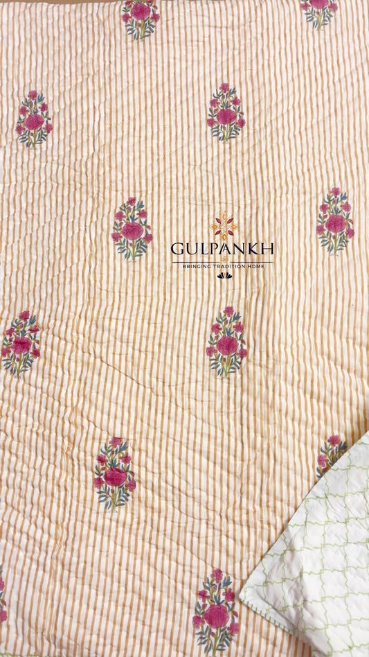 Hand Block Printed Reversible Cotton Twin Quilt - Saffron Rose Trellis | Gulpankh Canada