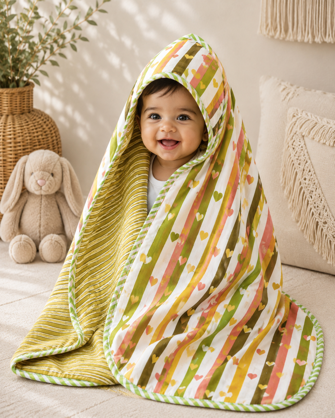 Hand Block Printed Hooded Baby Swaddle Blanket – Little Heart Stripes | Gulpankh Canada