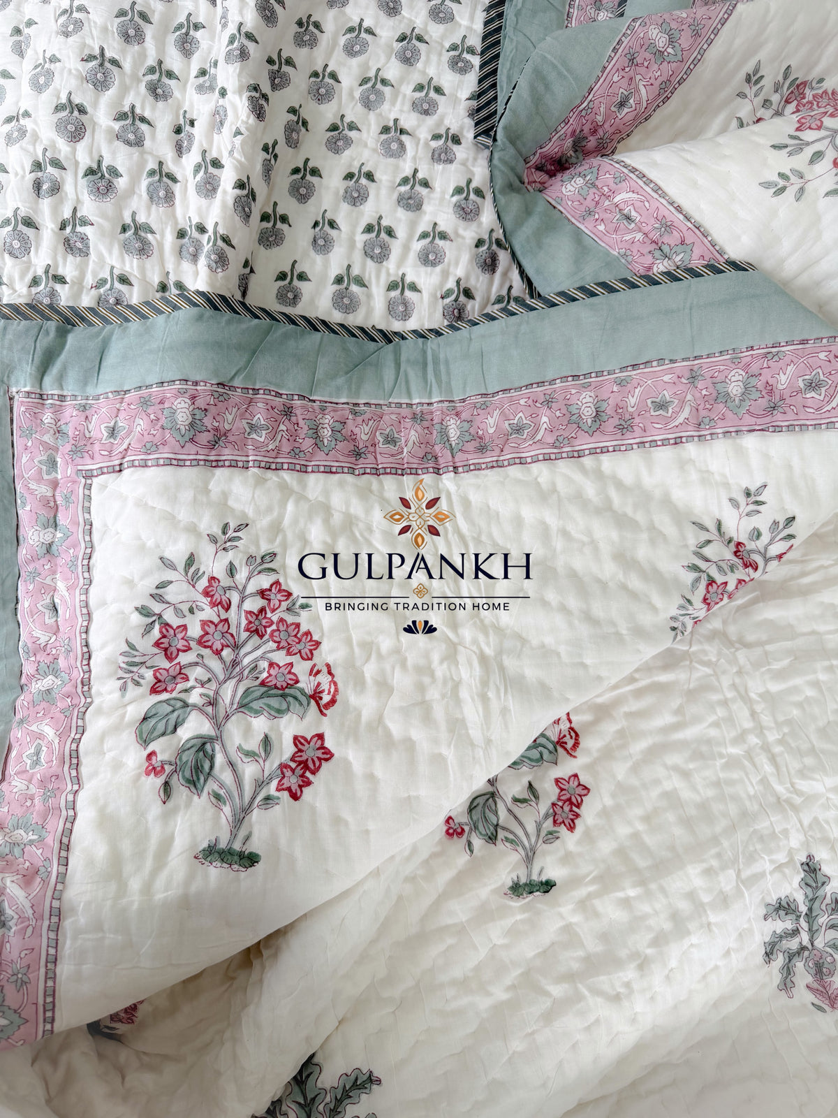 Hand Block Printed Reversible Cotton Quilt - Rose Sage Garden | Gulpankh Canada
