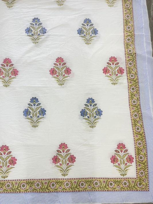 Hand Block Printed Queen Flat Sheet - Neel Gulabi Bahaar | Gulpankh Canada