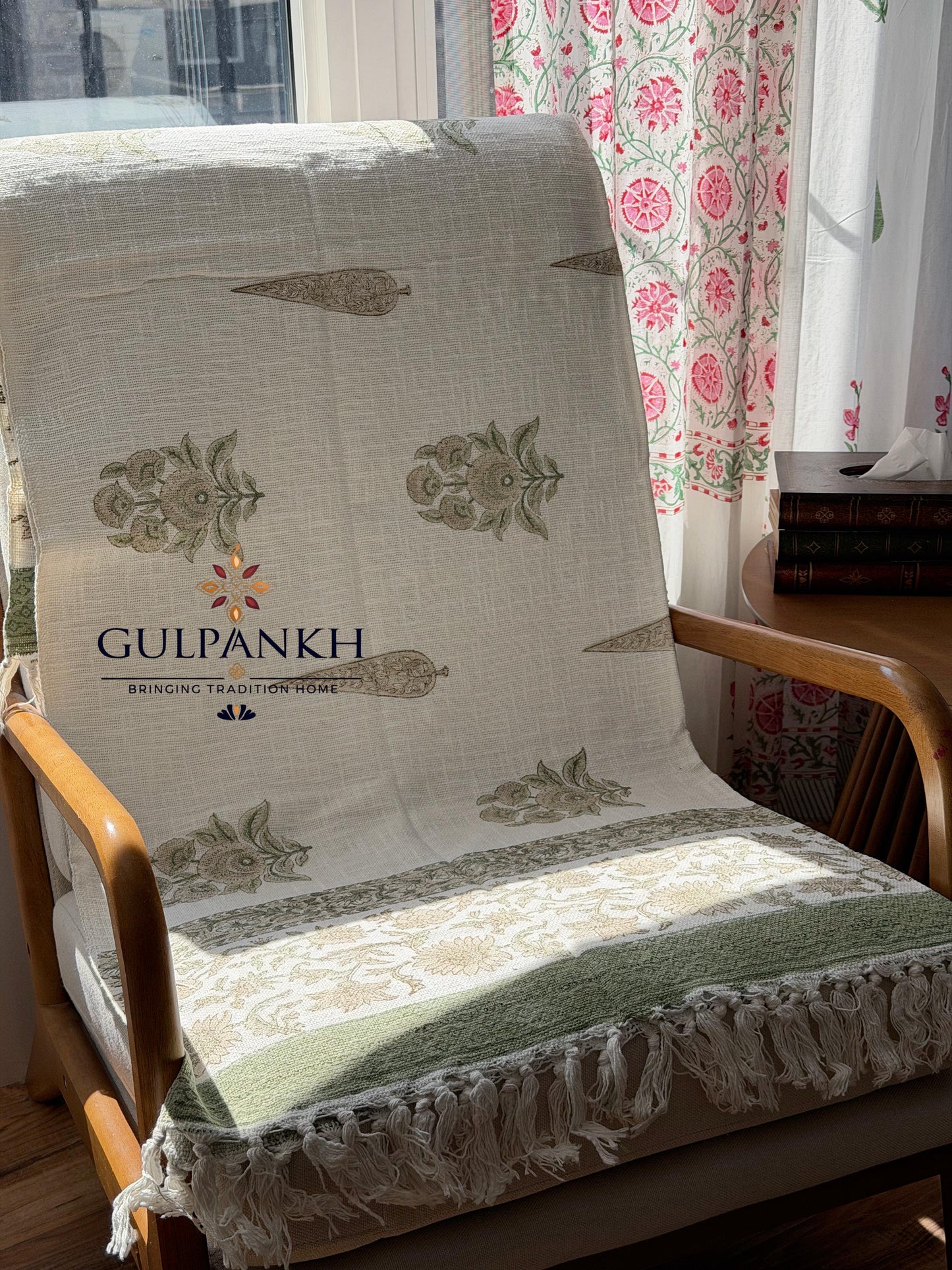 Hand Block Printed TNT Sofa Throw – Sage Bloom | Gulpankh Canada