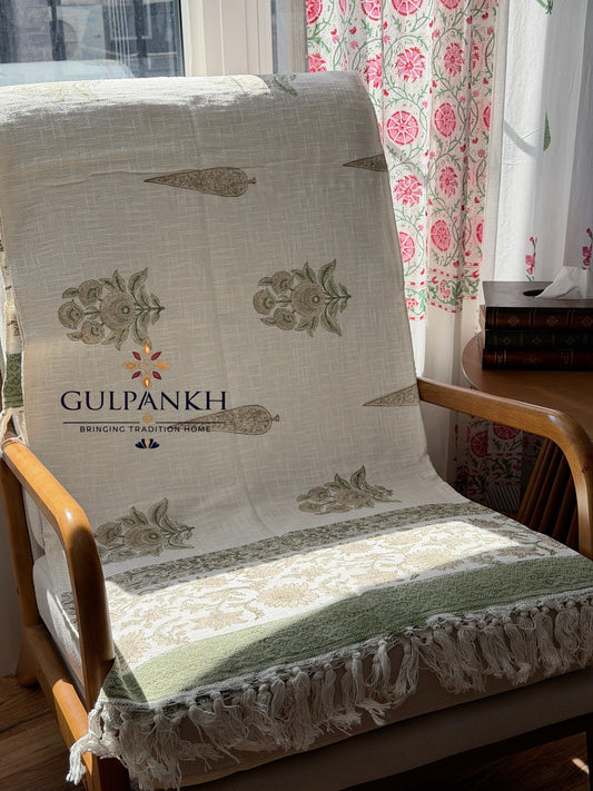 Hand Block Printed TNT Sofa Throw – Sage Bloom | Gulpankh Canada