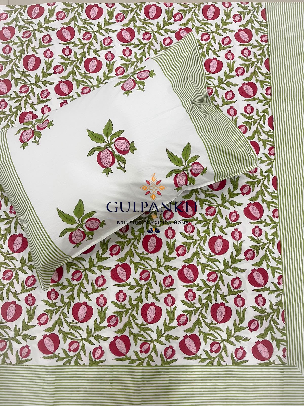 Hand Block Printed 100% Cotton Queen Fitted Bedsheet – Pomegranate Vine | Gulpankh Canada