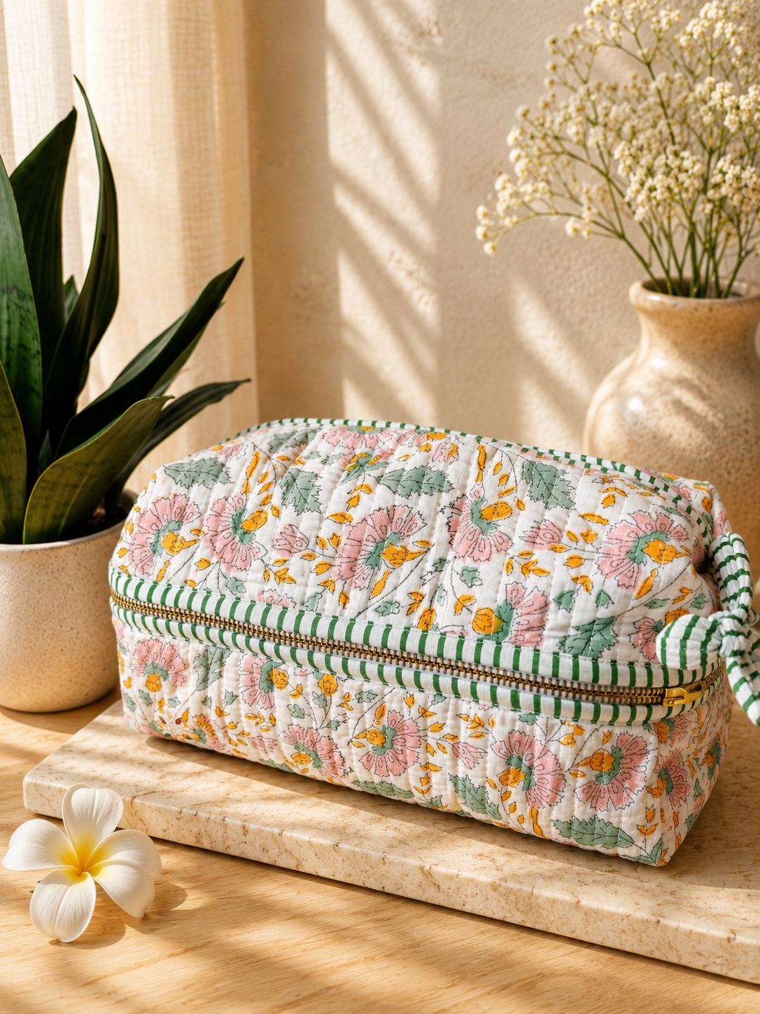 Hand Block Printed Quilted Vanity Bag – Blush Meadow Bloom | Gulpankh Canada