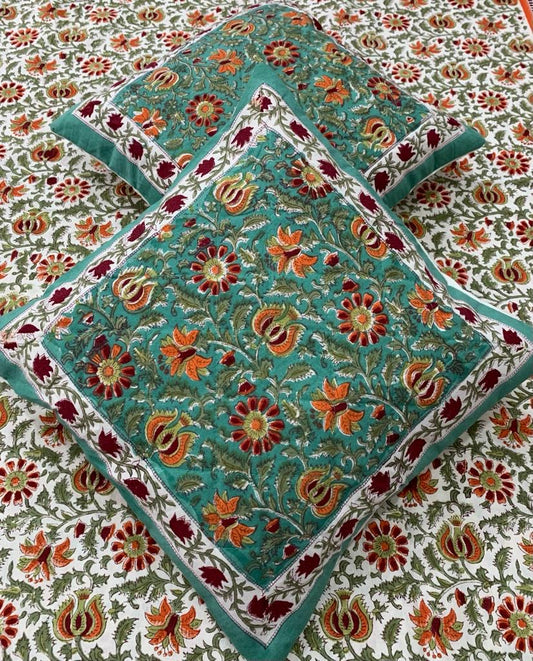 Quilted Hand Block Printed Cushion Cover – Teal Mughal Bloom | Gulpankh Canada