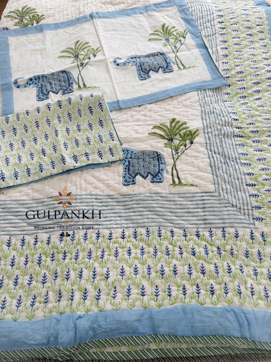 Hand Block Printed Cotton Quilt - Blue Elephant Parade | Gulpankh Canada