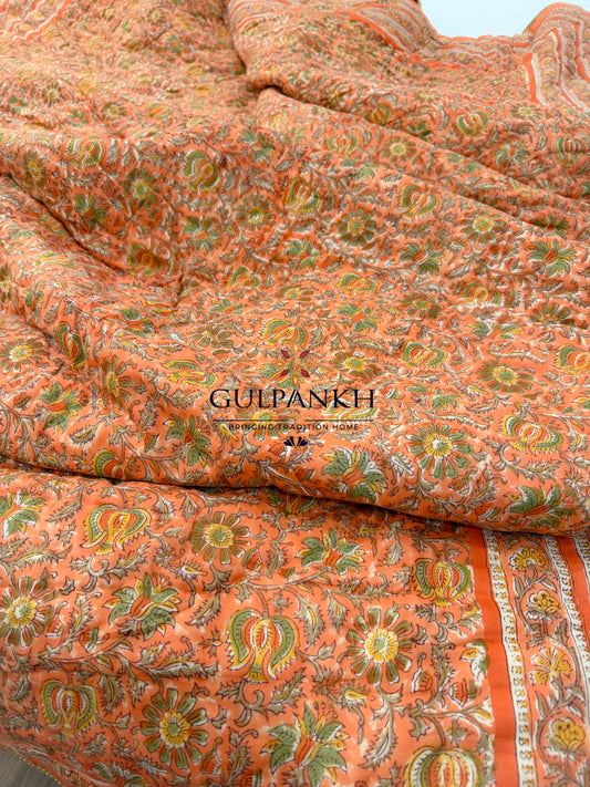 Reversible Hand Block Printed Cotton Quilt - Kesari Gulzar | Gulpankh Canada