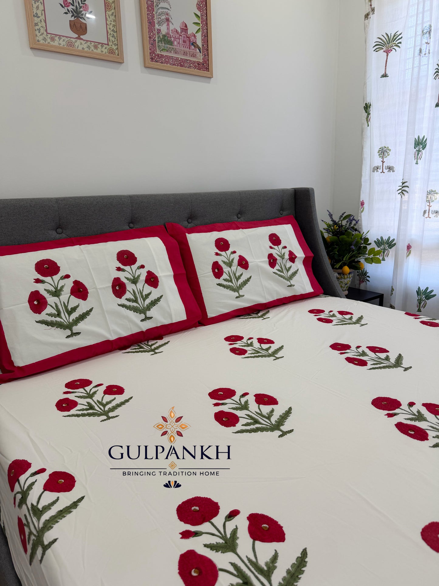 Hand Block Printed Queen Fitted Bedsheet - Red Poppy Royale | Gulpankh Canada