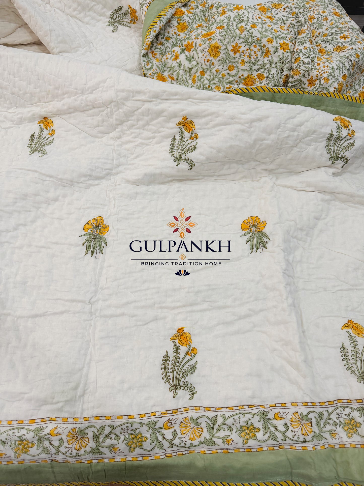 Reversible Hand Block Printed Cotton Quilt - Yellow Fern | Gulpankh Canada