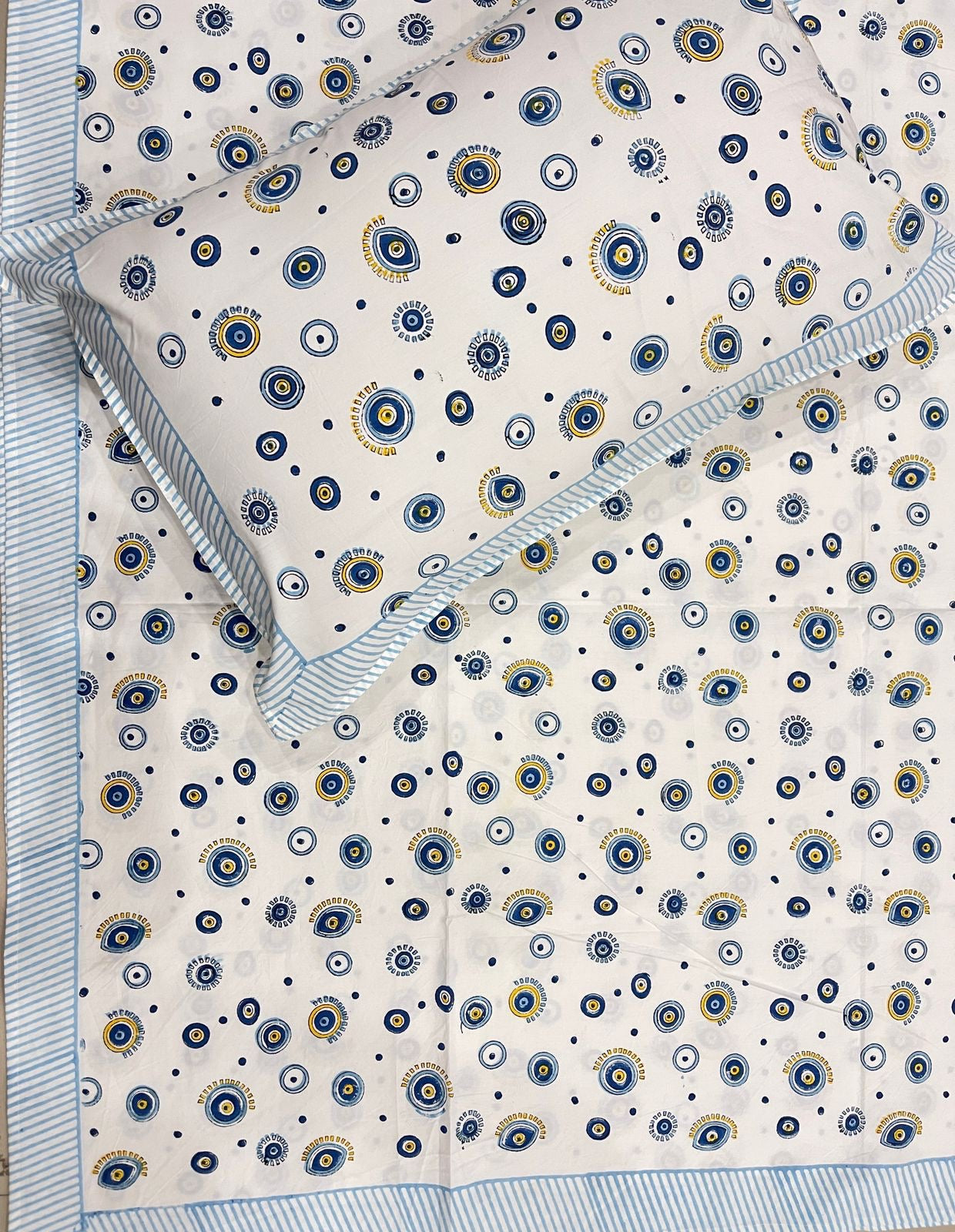 Hand Block Printed Queen Fitted Bedsheet - Blue Eye Charm | Gulpankh Canada