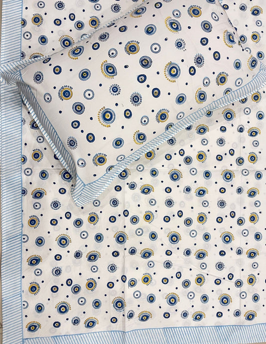 Hand Block Printed Queen Fitted Bedsheet - Blue Eye Charm | Gulpankh Canada