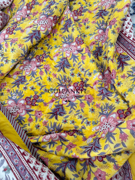 Hand Block Printed Reversible Cotton Quilt - Sunlit Floral Garden | Gulpankh Canada