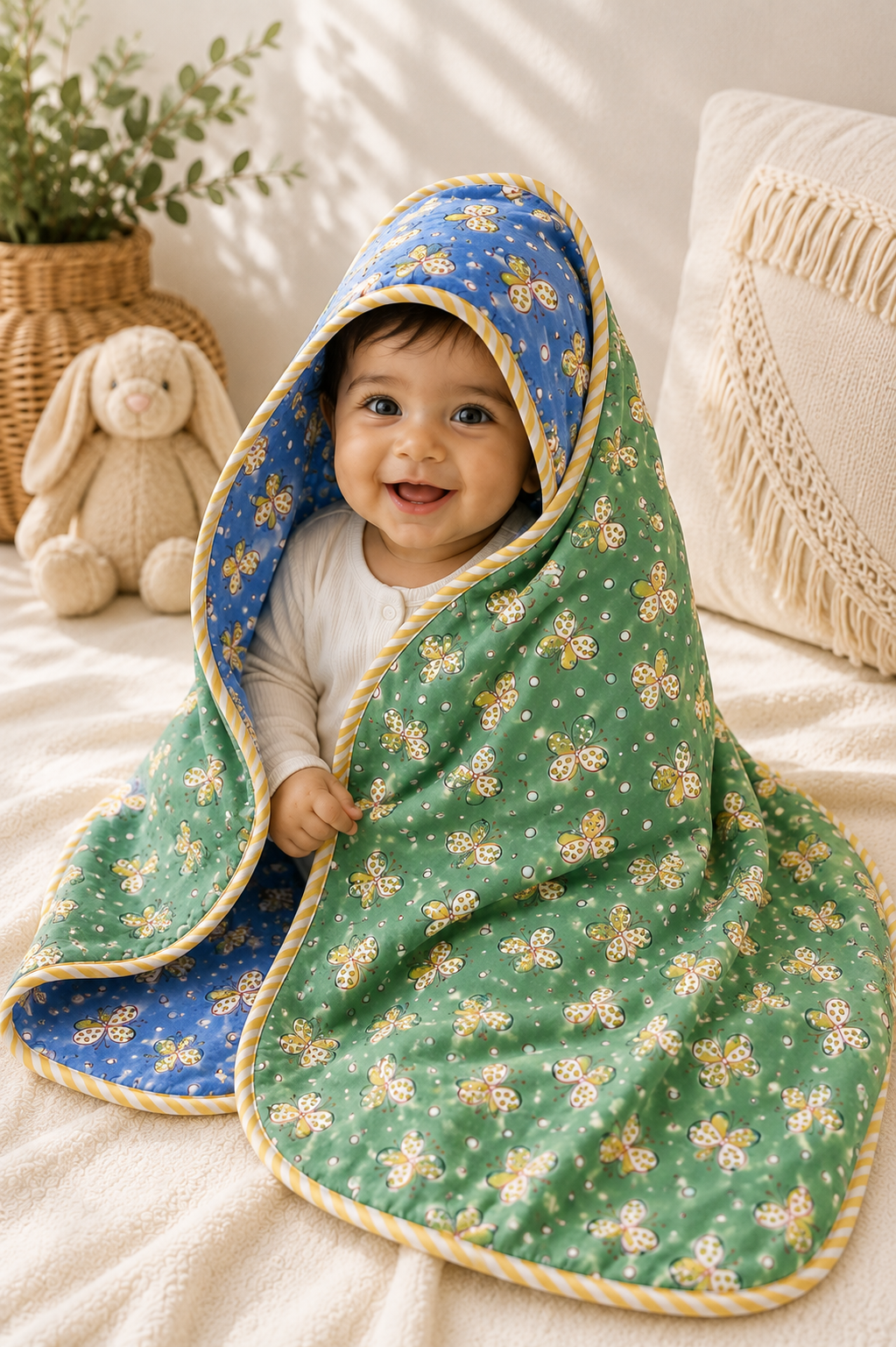 Hand Block Printed Hooded Baby Swaddle Blanket – Butterfly Meadow | Gulpankh Canada