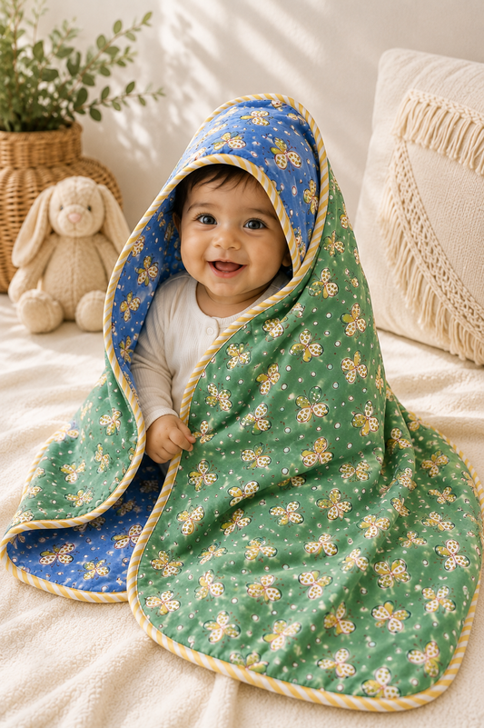 Hand Block Printed Hooded Baby Swaddle Blanket – Butterfly Meadow | Gulpankh Canada