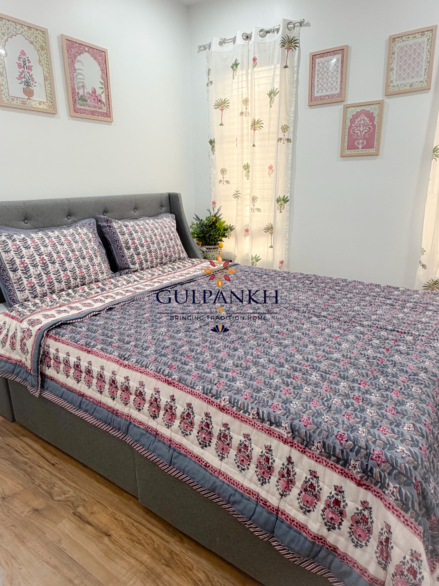 Reversible Hand Block Printed Cotton Quilt - Noor-e-Shaam | Gulpankh Canada