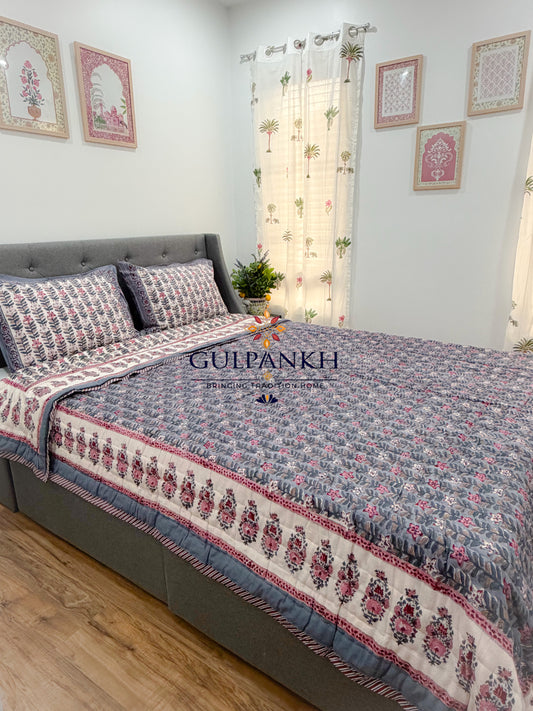 Reversible Hand Block Printed Cotton Quilt - Noor-e-Shaam | Gulpankh Canada
