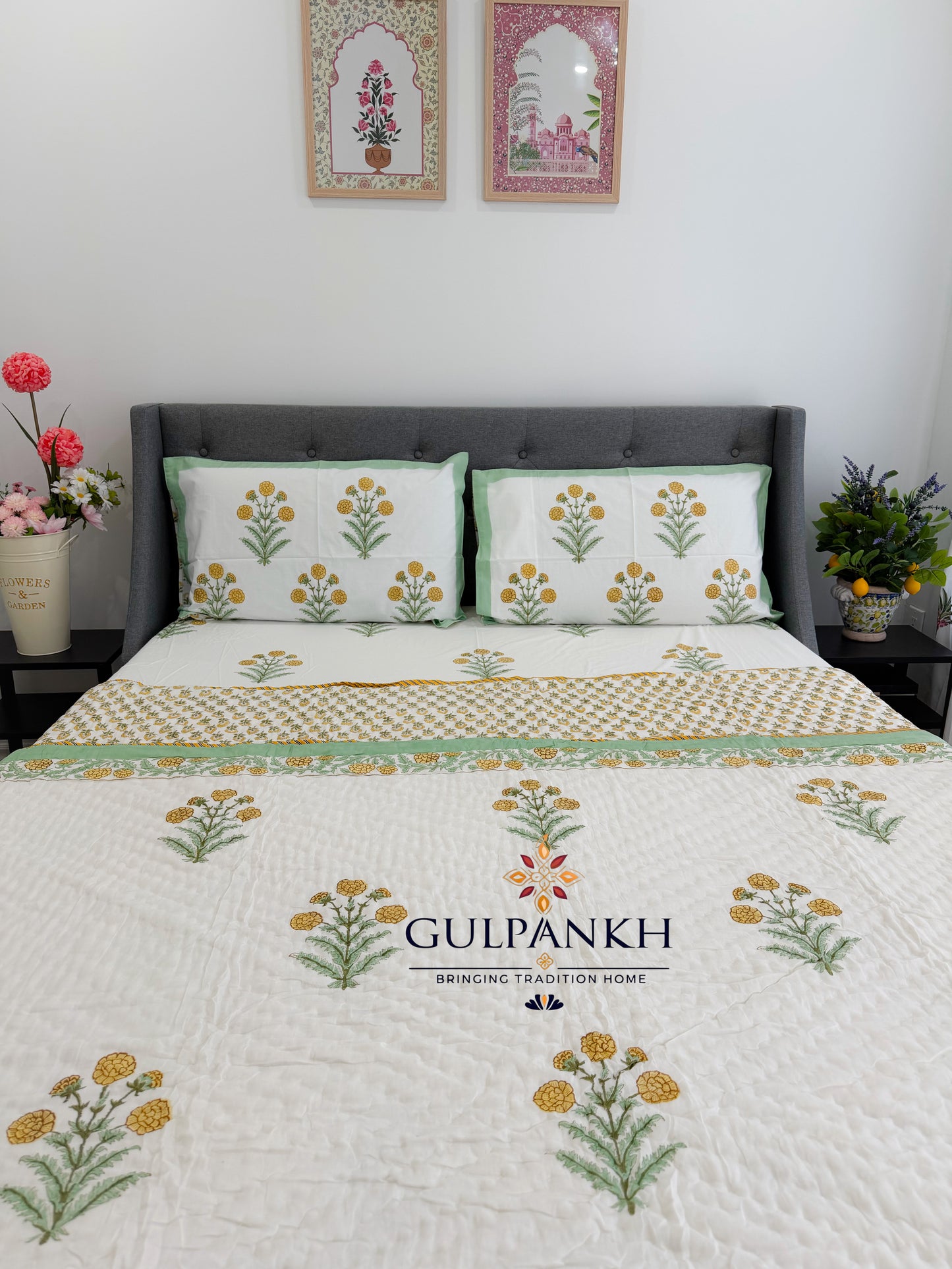 Hand Block Printed Cotton Bedding Set with Quilt - Sunflower Gulzar | Gulpankh Canada