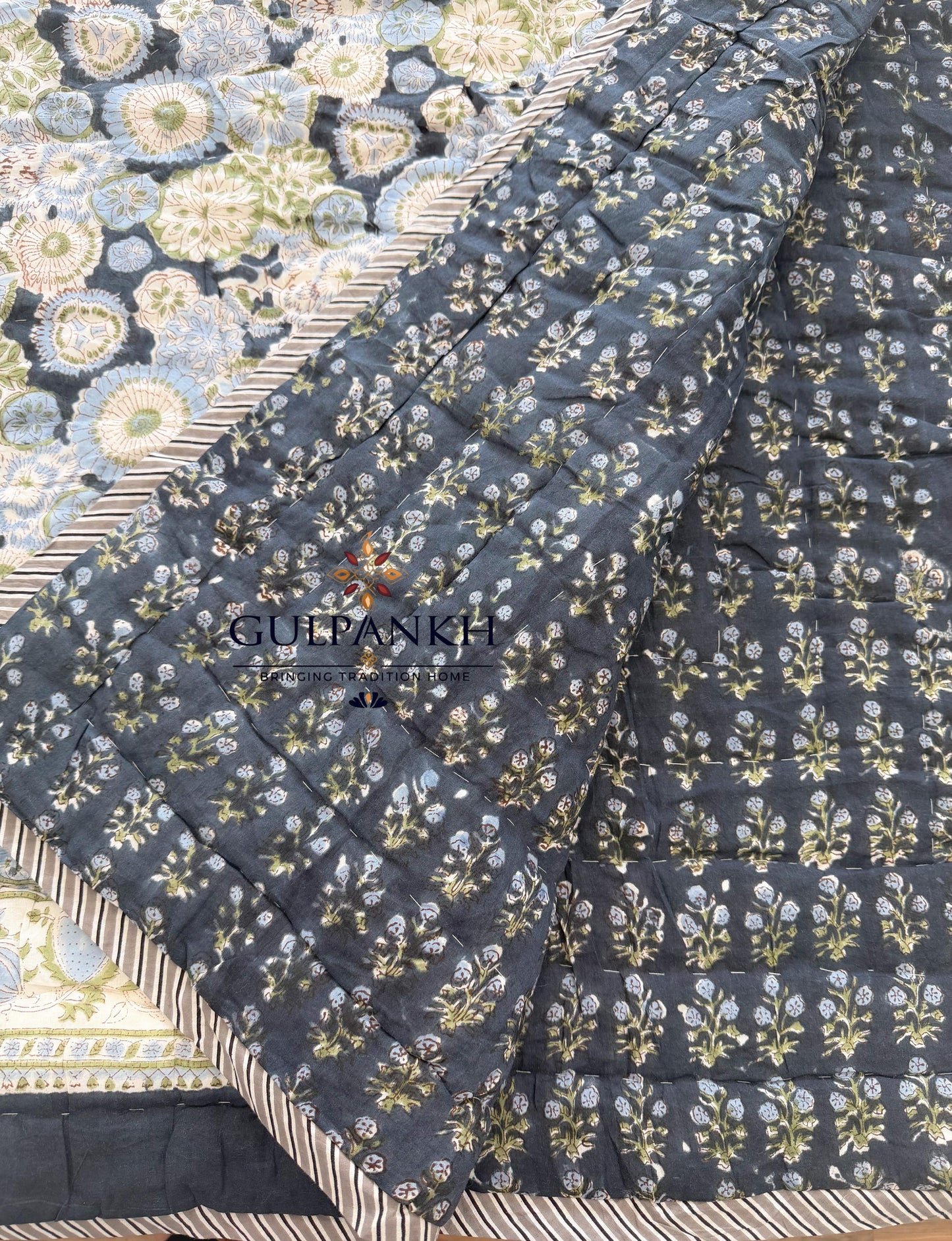 Hand Block Printed Cotton Quilt - Midnight Wildflower Meadow | Gulpankh Canada