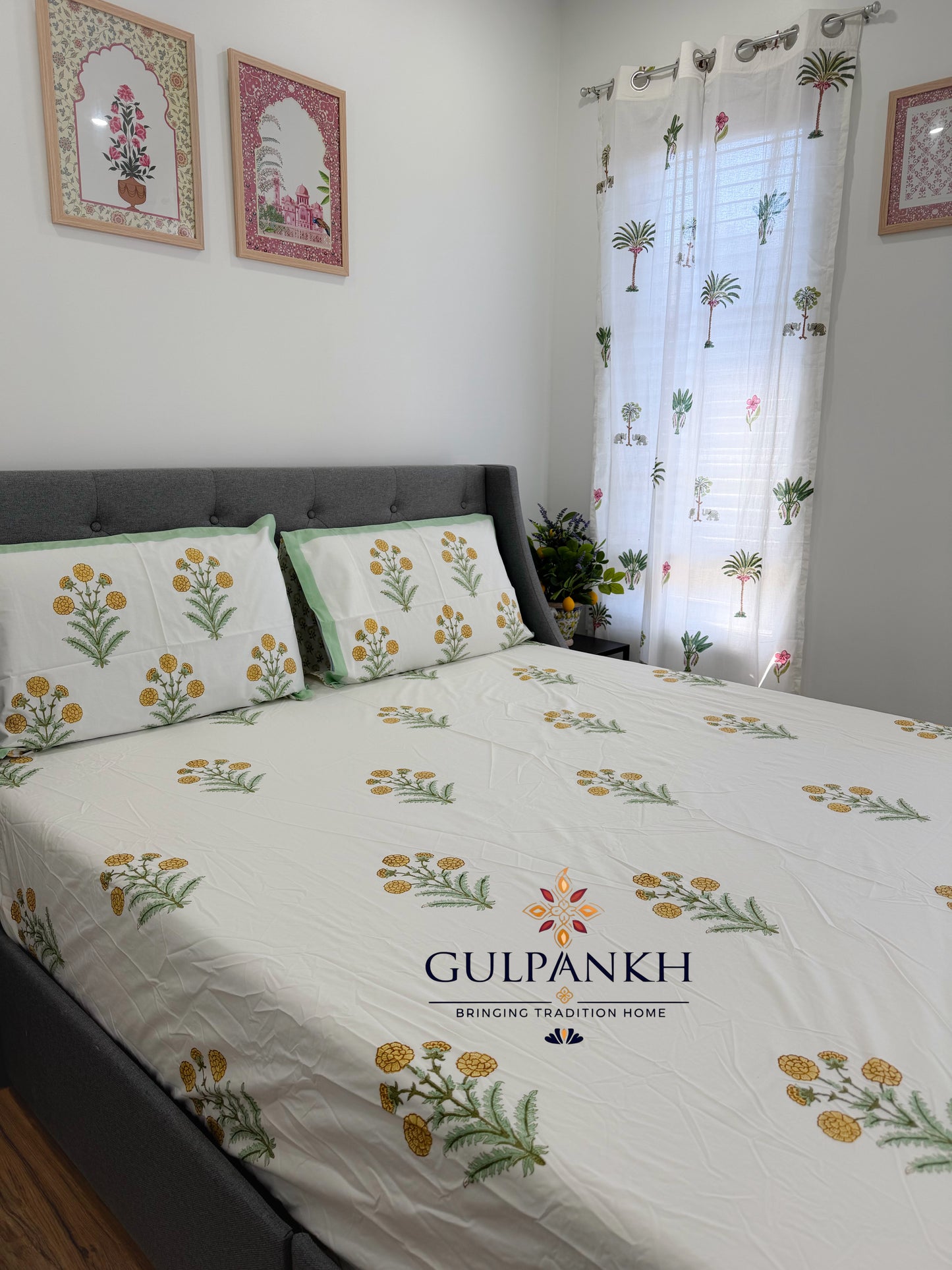 Hand Block Printed King Fitted Bedsheet - Marigold Meadow | Gulpankh Canada