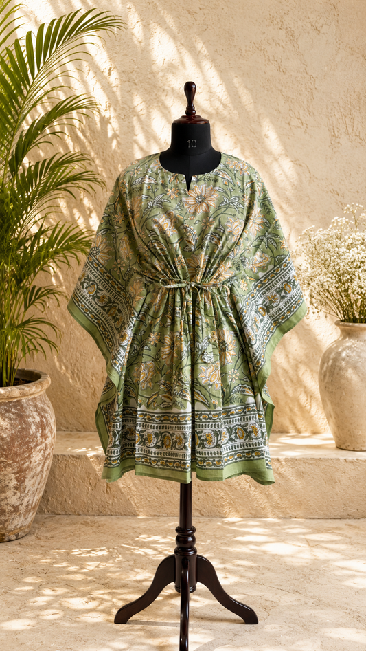 Hand Block Printed Cotton Short Kaftan – Sage Gulbahar | Gulpankh Canada