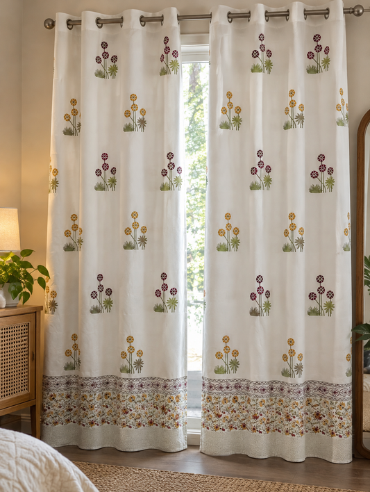 Hand Block Printed 100% Cotton Eyelet Curtain – Floral Garden | 7 Ft | Gulpankh Canada