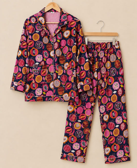 Hand Block Printed Cotton PJ Set with Storage Bag – Pomegranate Pop | Gulpankh Canada