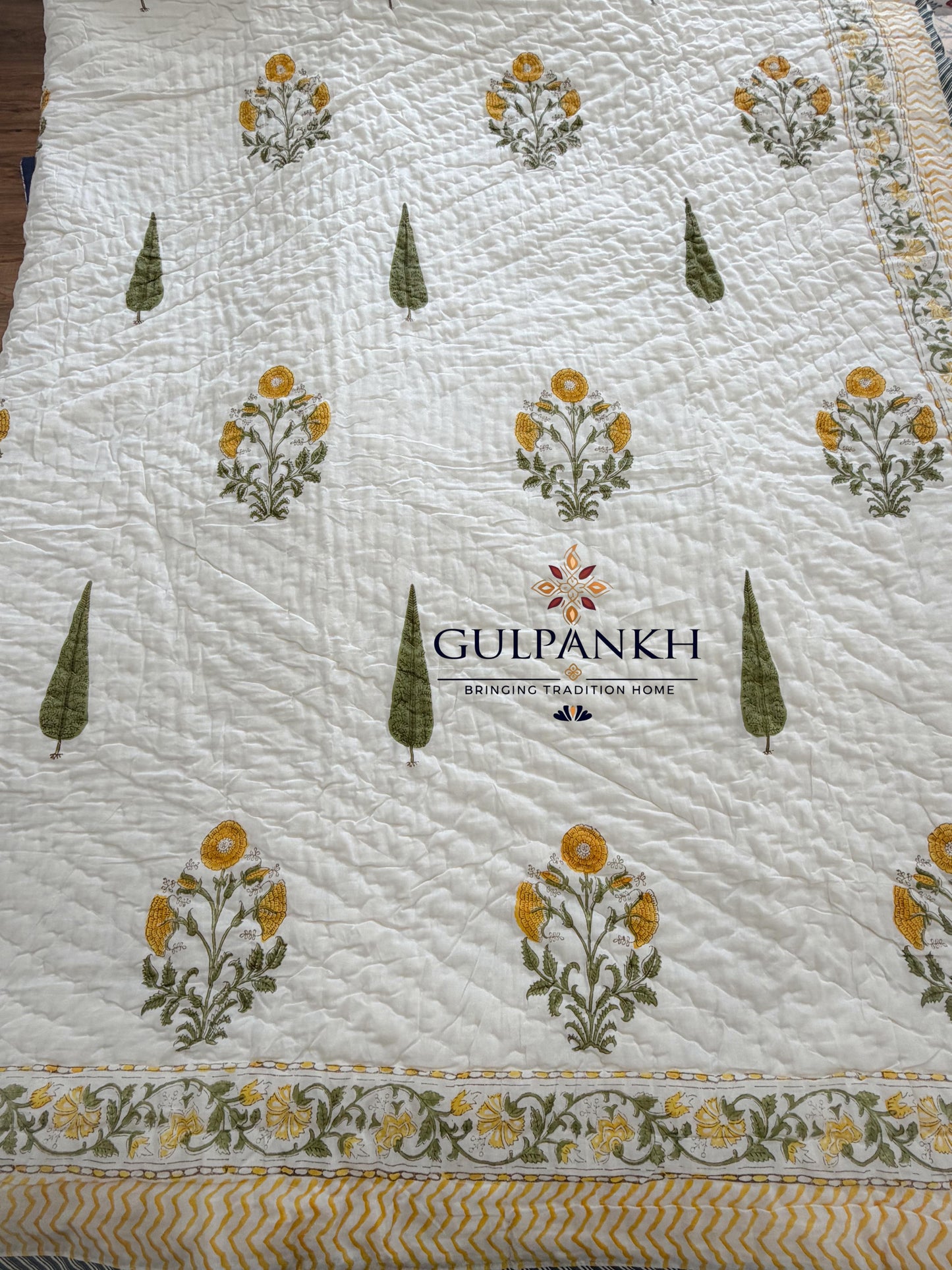 Hand Block Printed Cotton Quilt - Marigold Cypress Meadow | Gulpankh Canada