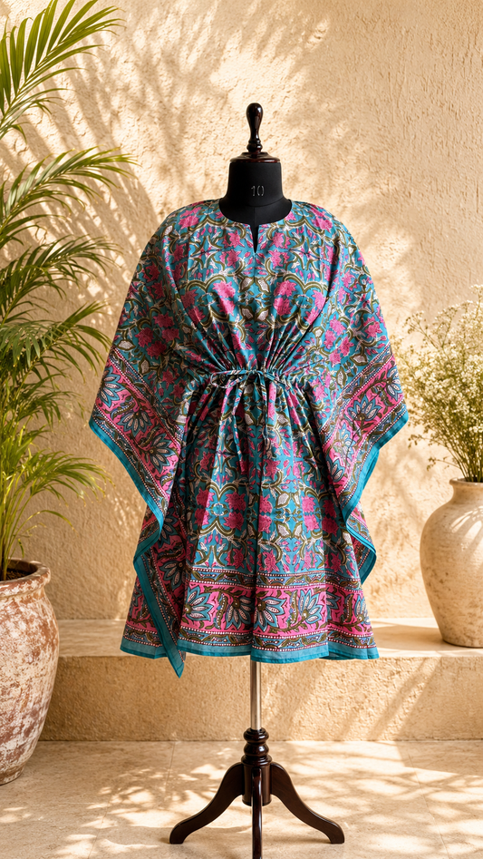 Hand Block Printed Cotton Short Kaftan – Firozi Gulab Jaal | Gulpankh Canada