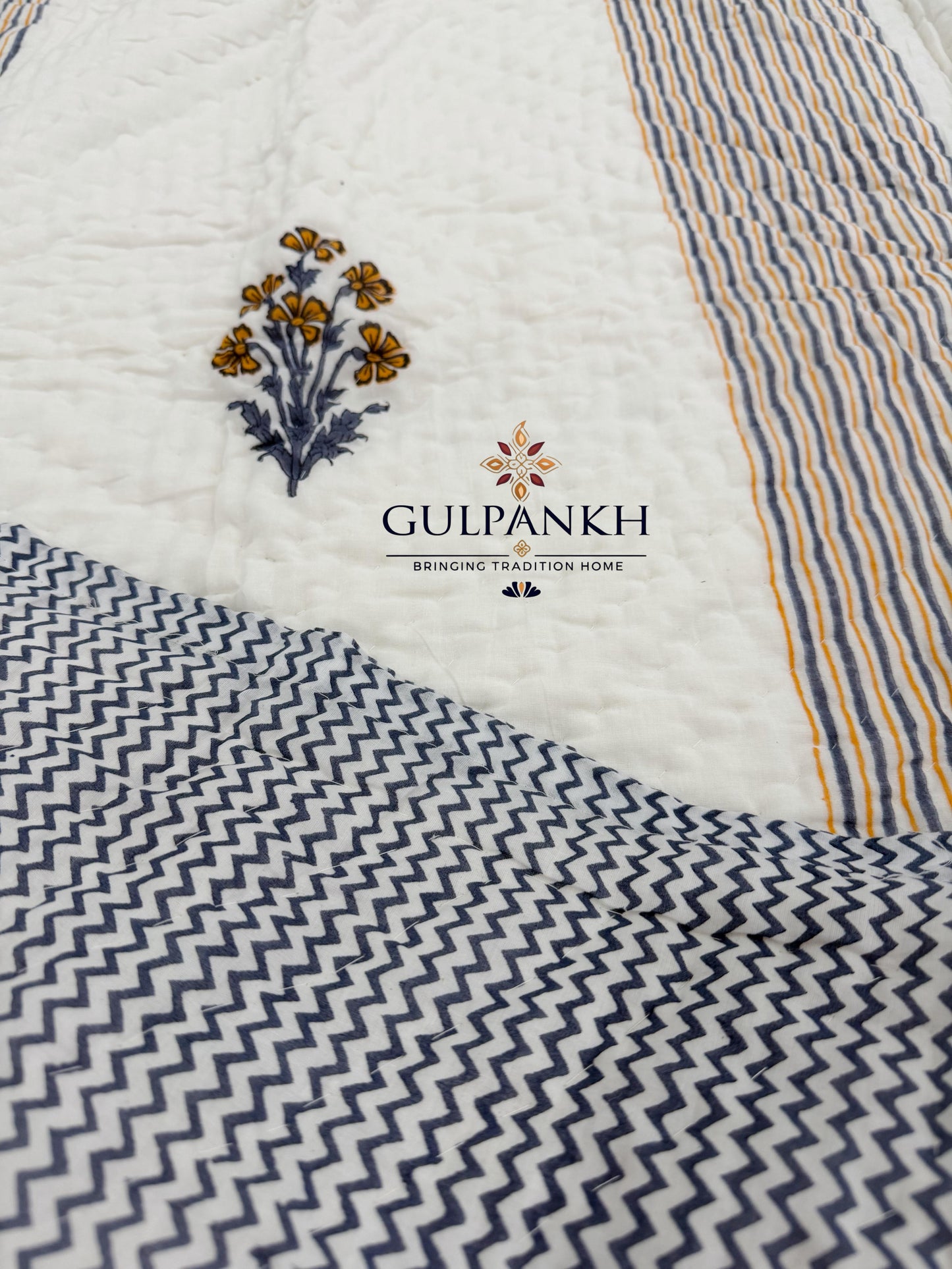 Mustard Meadow Stripe Hand Block Printed Cotton Twin Quilt Set (Set of 2 Quilts) | Gulpankh Canada