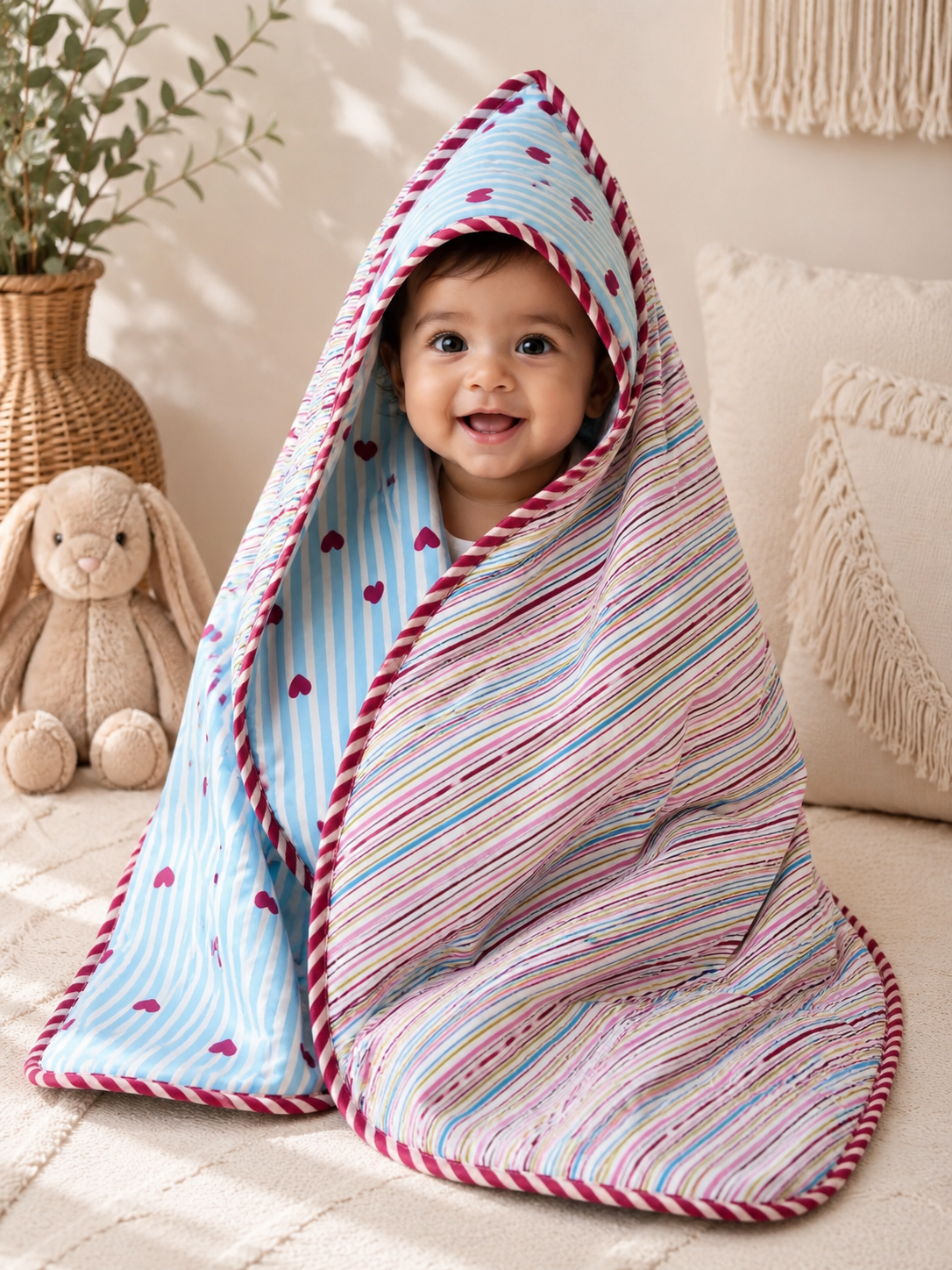 Hand Block Printed Hooded Baby Swaddle Blanket – Sky Heart Stripes | Gulpankh Canada