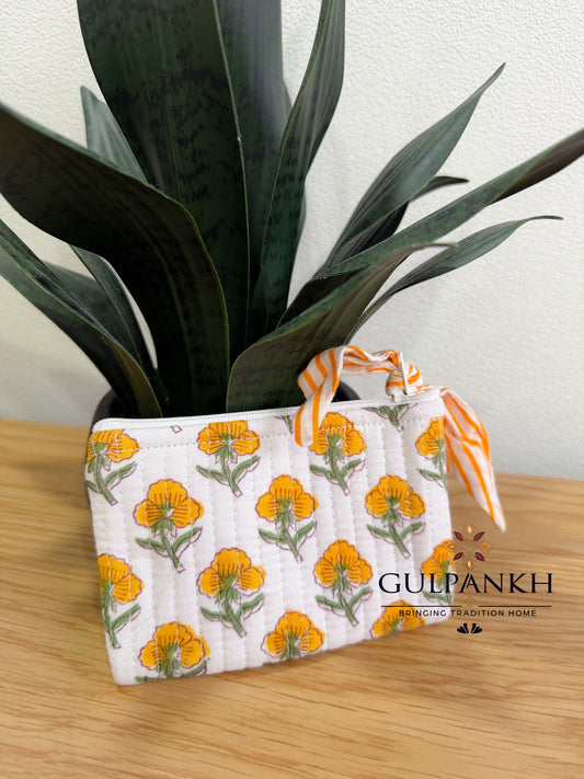 Hand Block Printed Quilted Flat Pouch – Marigold Bloom | Gulpankh Canada
