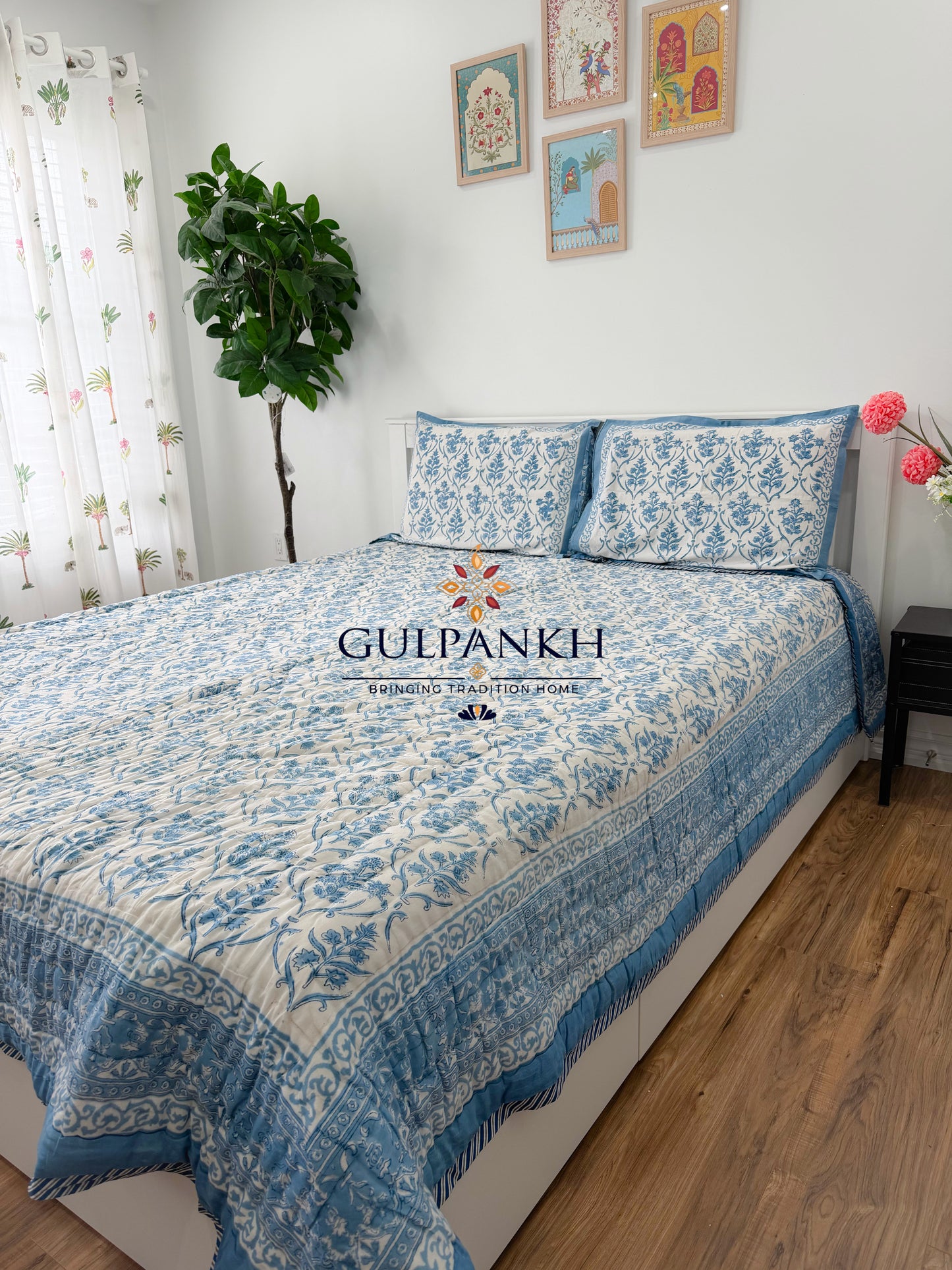 Hand Block Printed Cotton Quilt - Azure Bloom Heritage | Gulpankh Canada