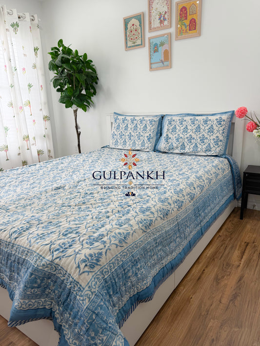 Hand Block Printed Cotton Quilt - Azure Bloom Heritage | Gulpankh Canada