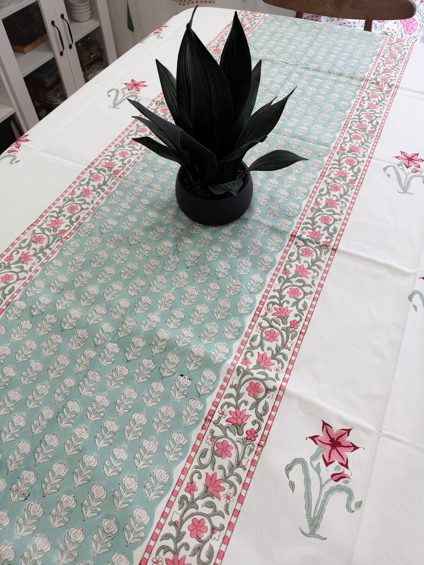 Hand Block Printed Cotton Table Cover - Mint Blossom Garden | Gulpankh Canada