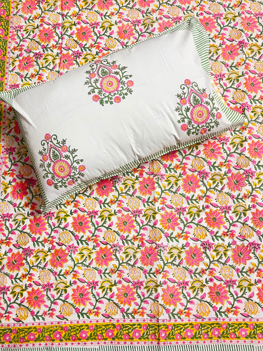 Hand Block Printed 100% Cotton Queen Flat Sheet - Gulabi Kamal Vatika | Gulpankh Canada