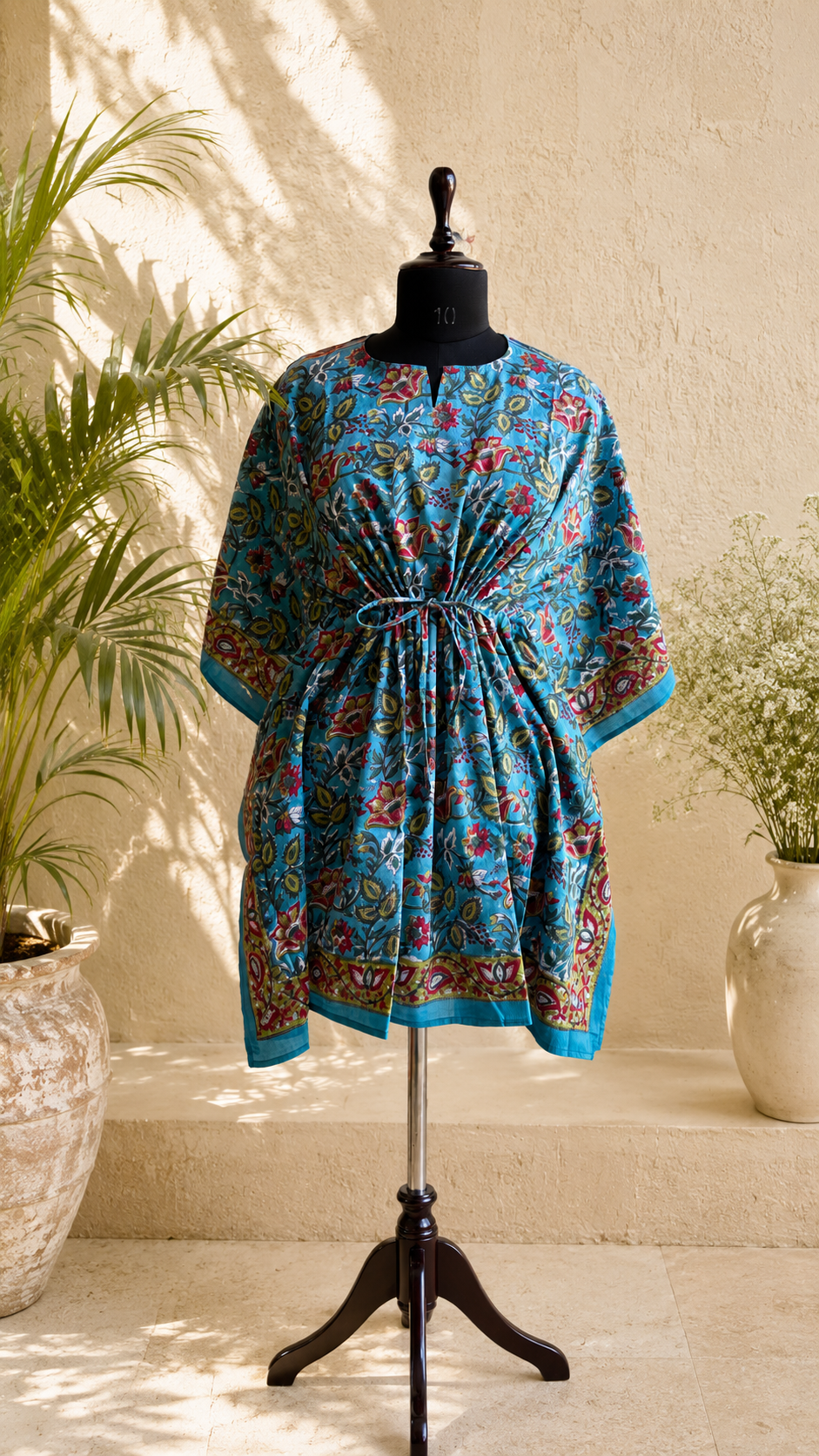 Hand Block Printed Cotton Short Kaftan – Firozi Gulnaar | Gulpankh Canada