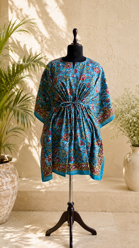 Hand Block Printed Cotton Short Kaftan – Firozi Gulnaar | Gulpankh Canada