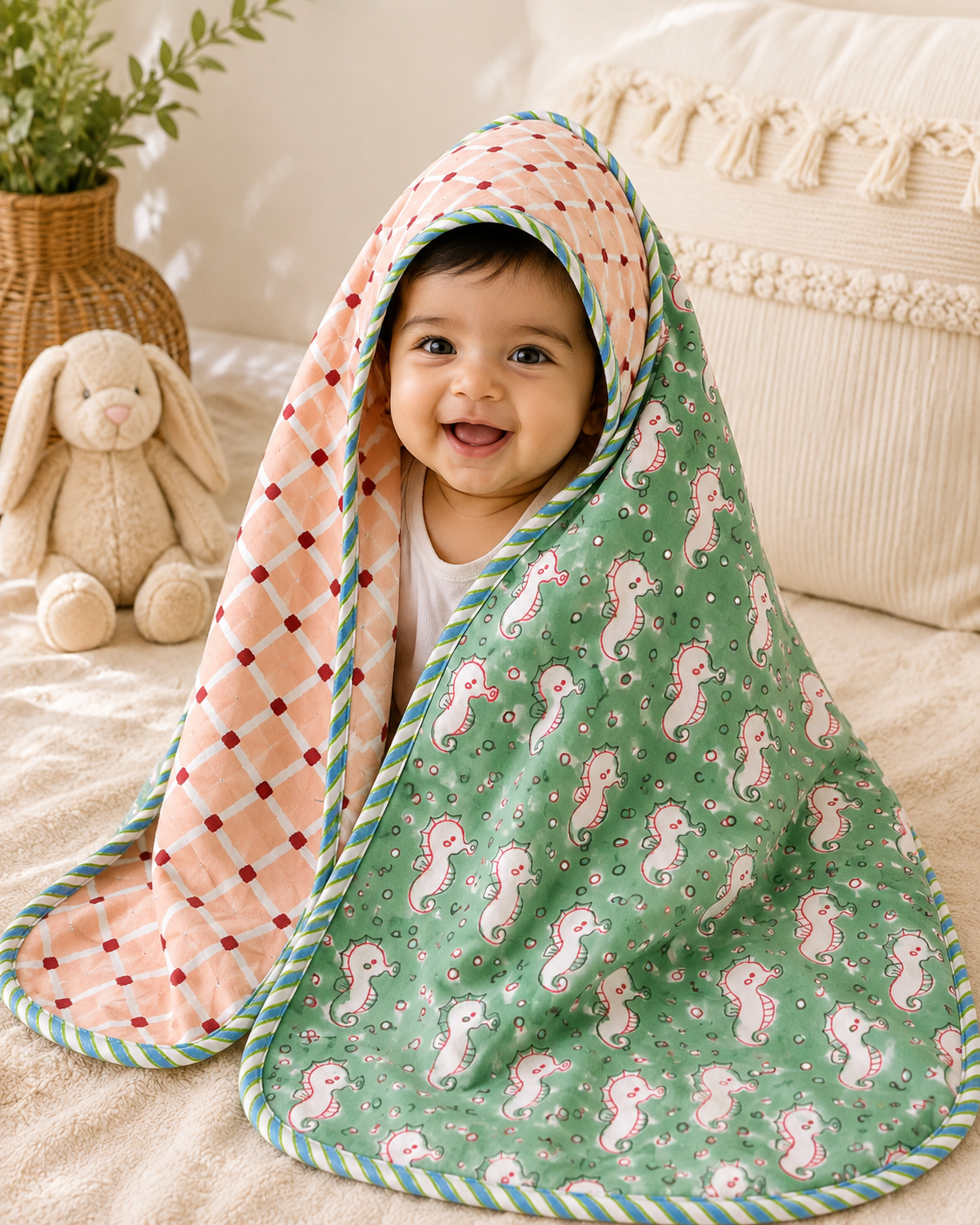 Hand Block Printed Hooded Baby Swaddle Blanket – Little Seahorse | Gulpankh Canada