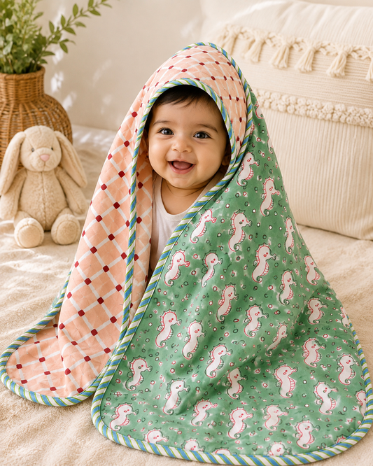 Hand Block Printed Hooded Baby Swaddle Blanket – Little Seahorse | Gulpankh Canada