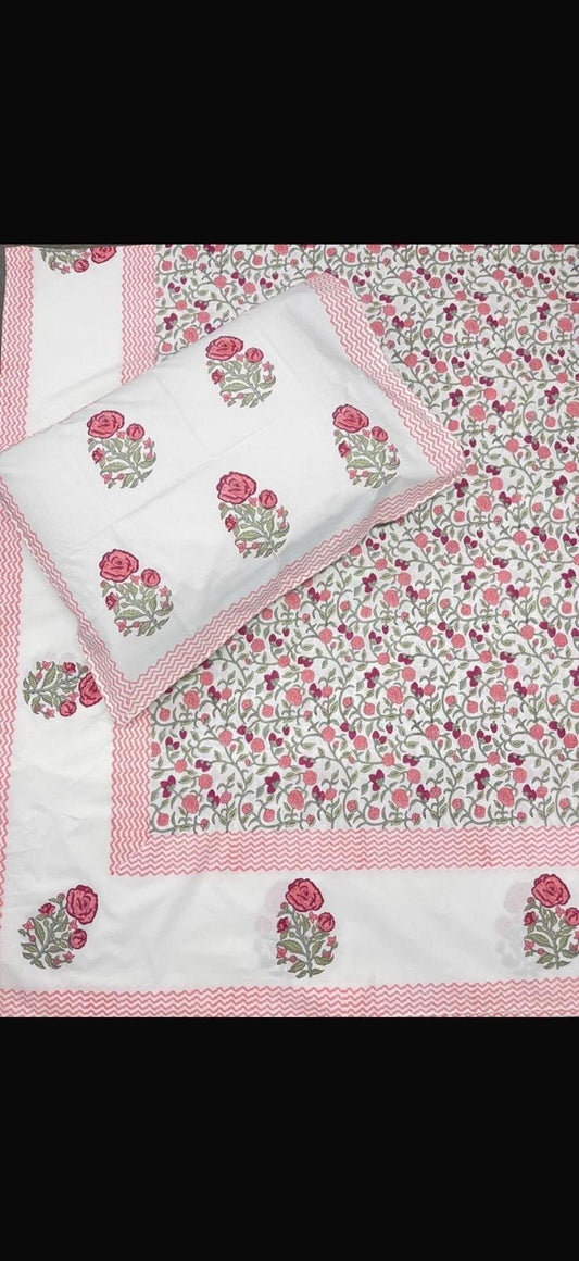 Hand Block Printed 100% Cotton Super King Flat Bedsheet - Rosé Blossom Garden | Gulpankh Canada