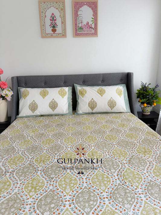 Hand Block Printed Fitted Bedsheet - Sunlit Mughal Trellis | Gulpankh Canada