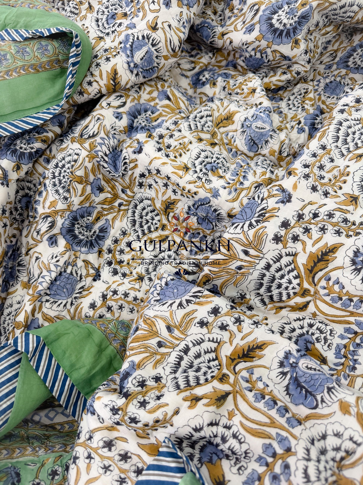 Hand Block Printed Reversible Cotton Quilt - Green Botanical Bloom | Gulpankh Canada