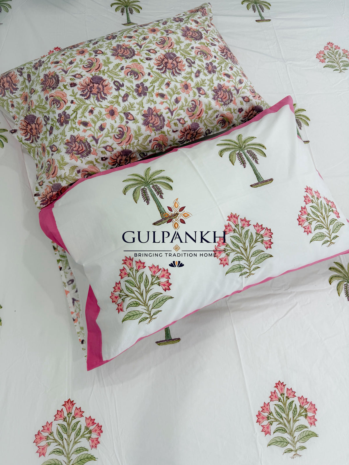 Hand Block Printed 100% Cotton Queen Fitted Bedsheet – Palm Blossom Retreat | Gulpankh Canada