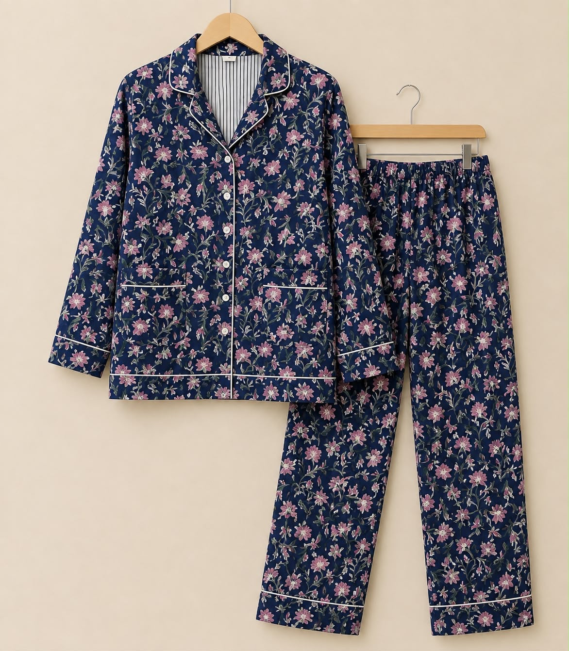 Hand Block Printed Cotton PJ Set with Storage Bag – Midnight Floral | Gulpankh Canada