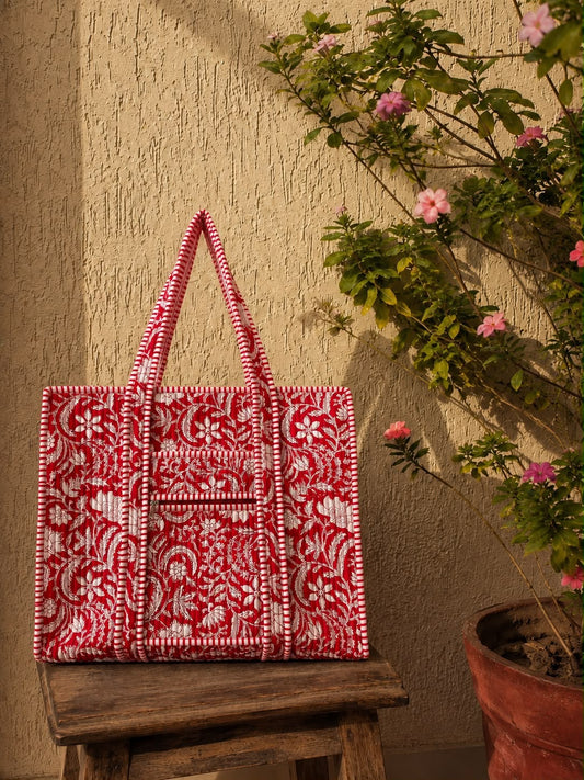 Hand Block Printed Quilted Tote Bag – Crimson Garden | Gulpankh Canada