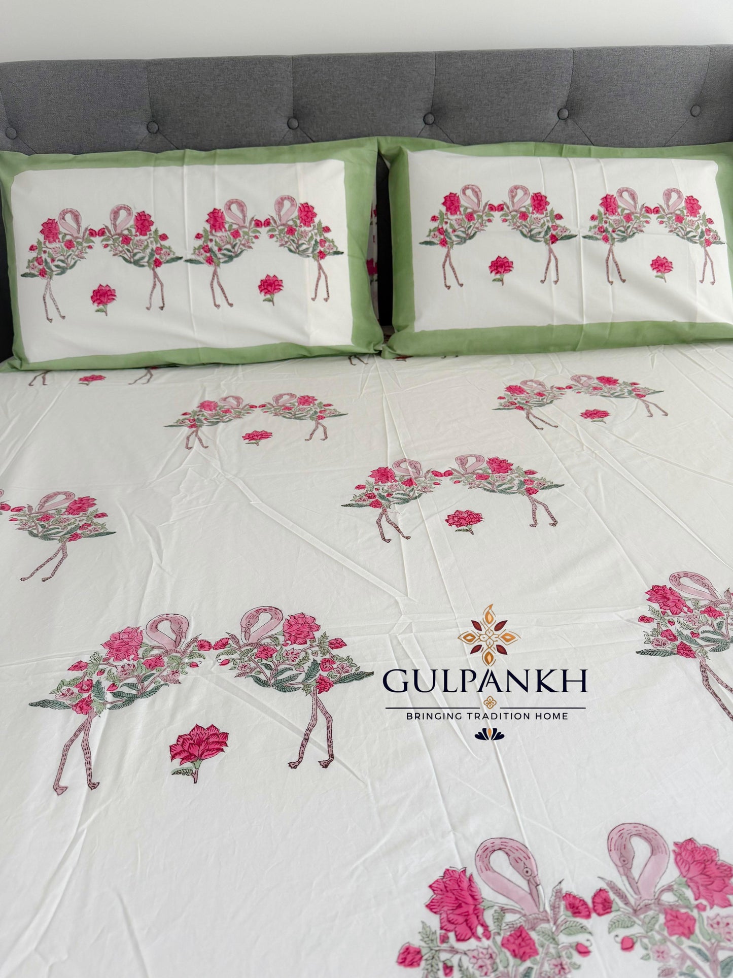 Hand Block Printed Queen Fitted Bedsheet - Gul Flamingo Baagh | Gulpankh Canada