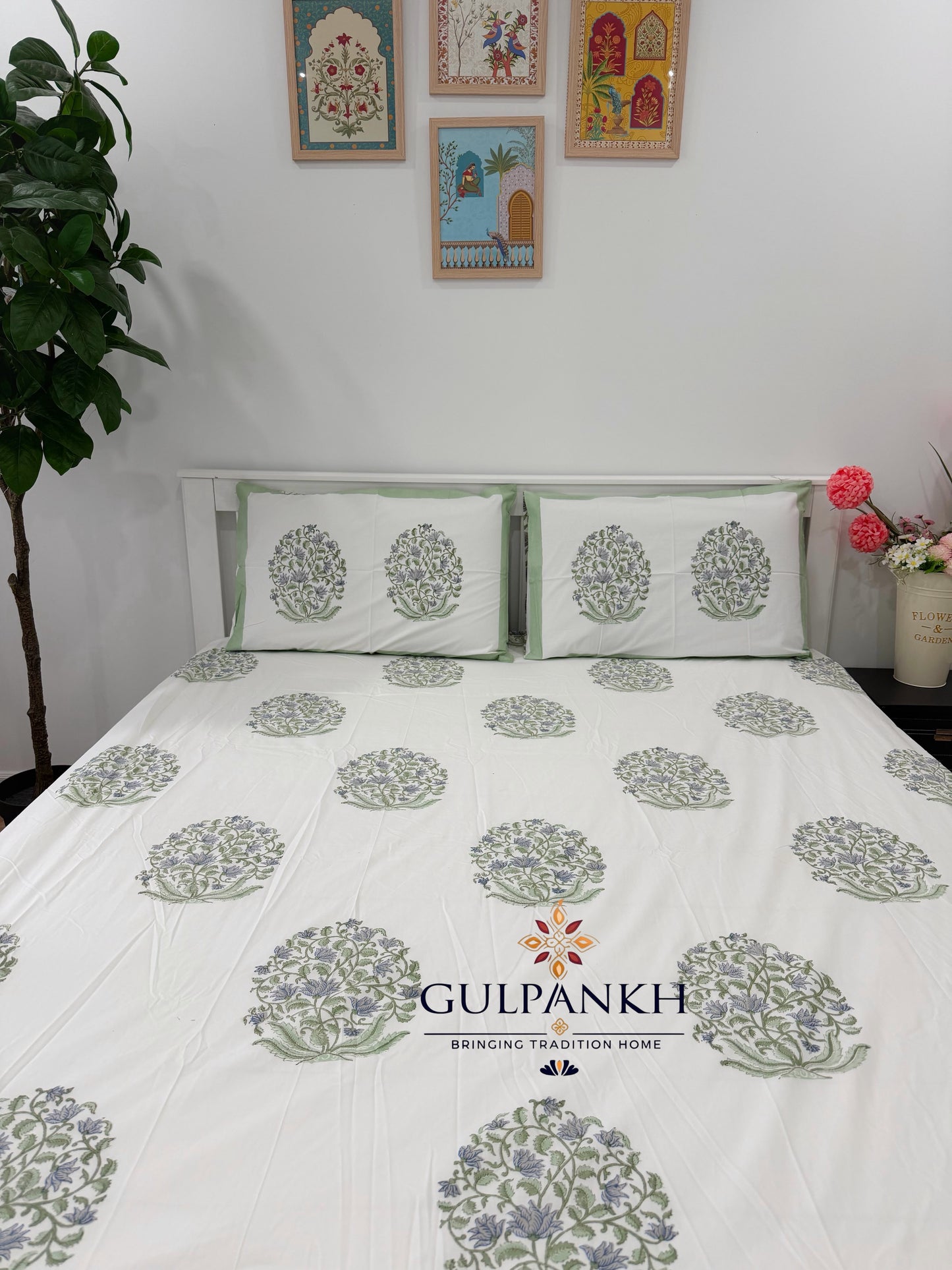 Hand Block Printed King Fitted Bedsheet - Viraasat Bloom Sage | Gulpankh Canada