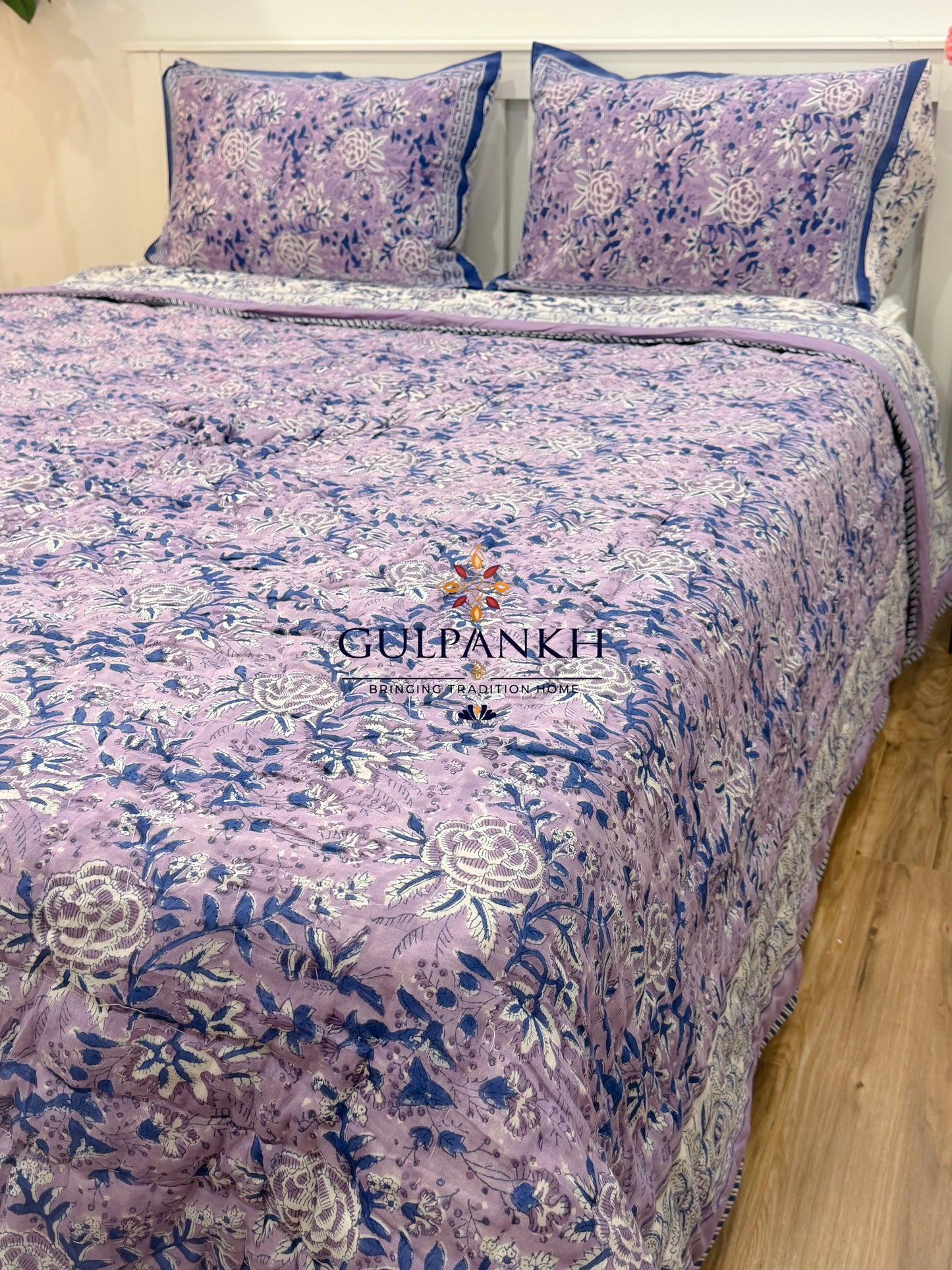 Reversible Hand Block Printed Cotton Quilt - Lavender Noor | Gulpankh Canada